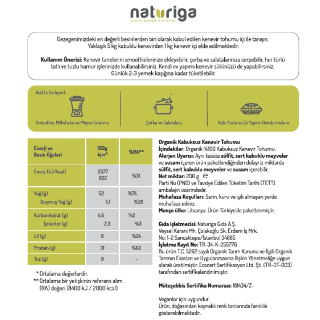 Org. Kabuksuz Kenevir Tohumu 200 gr