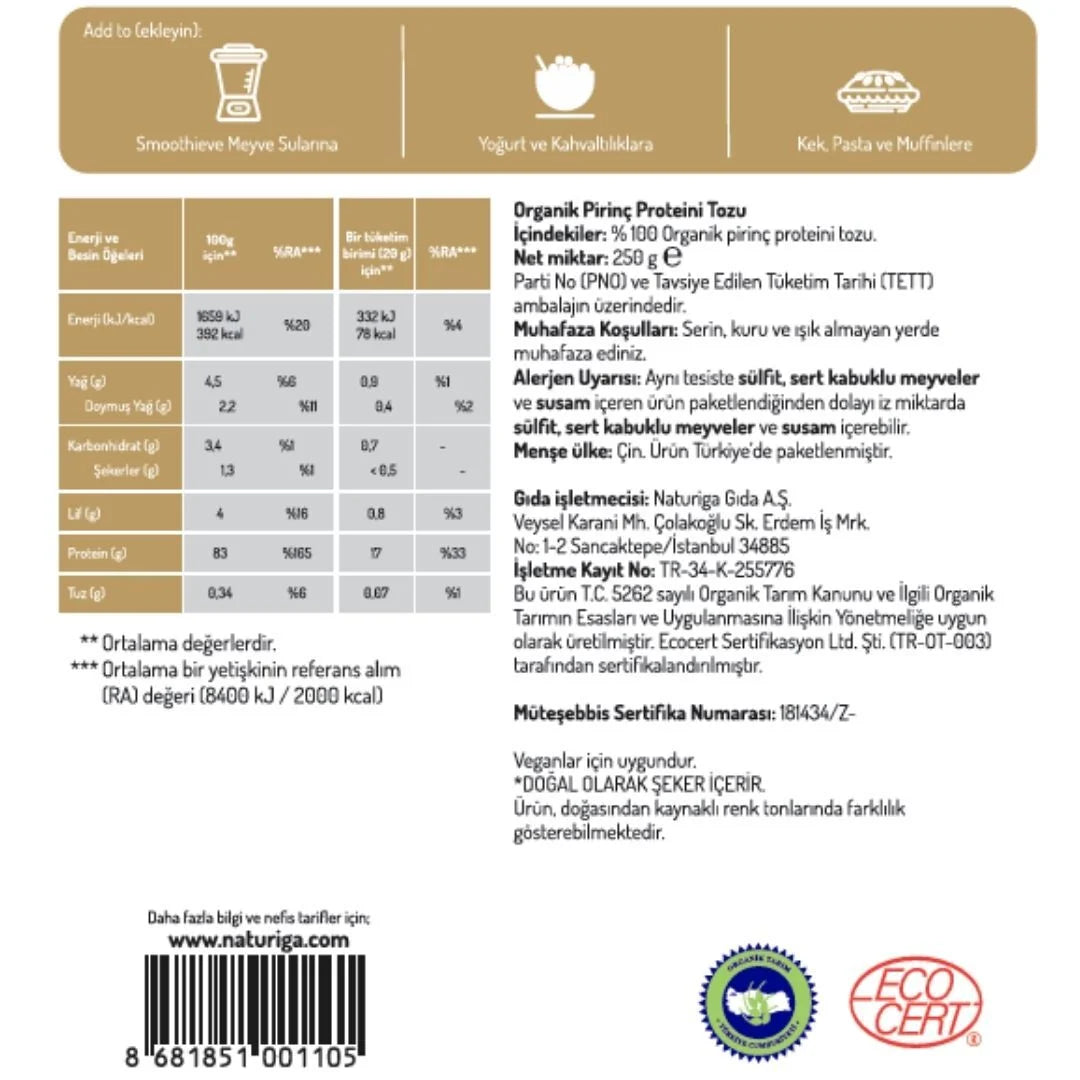 Organik Kahverengi Pirinç Proteini Tozu (250 Gr.)