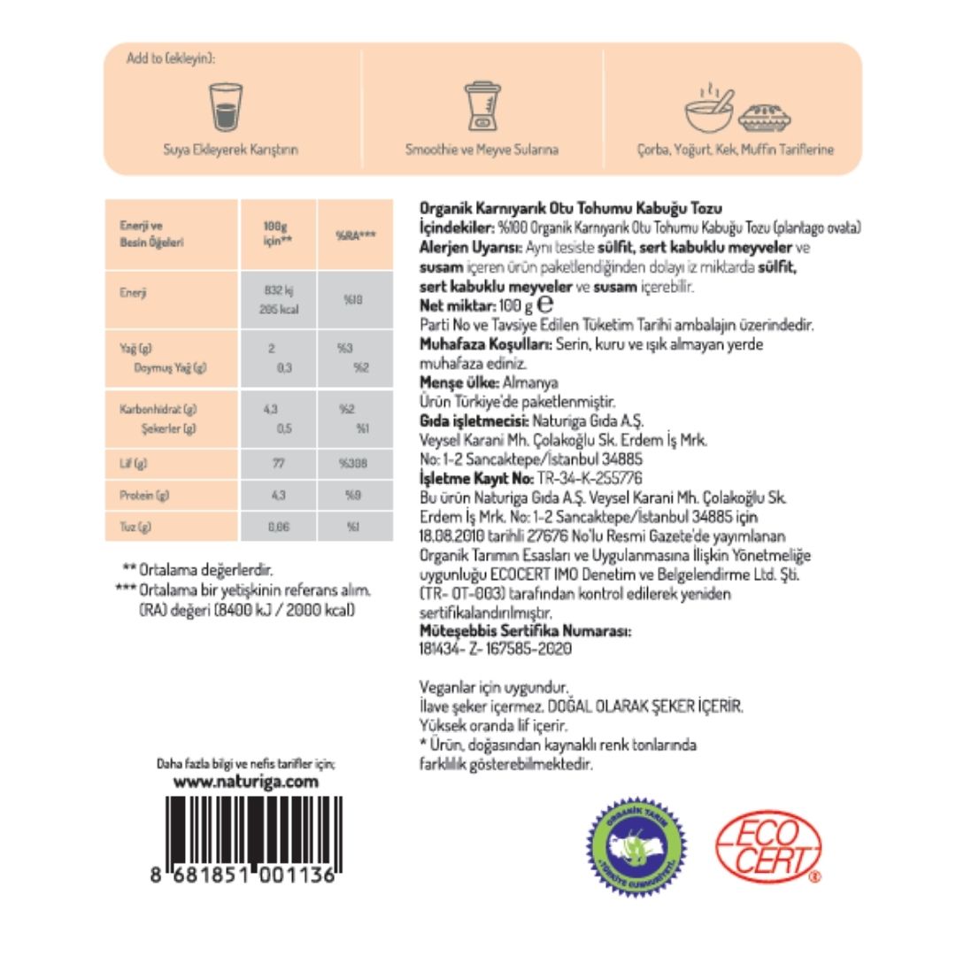 Org. Karnıyarık Otu Tohumu Tozu (Psyllium Husk) 100 gr