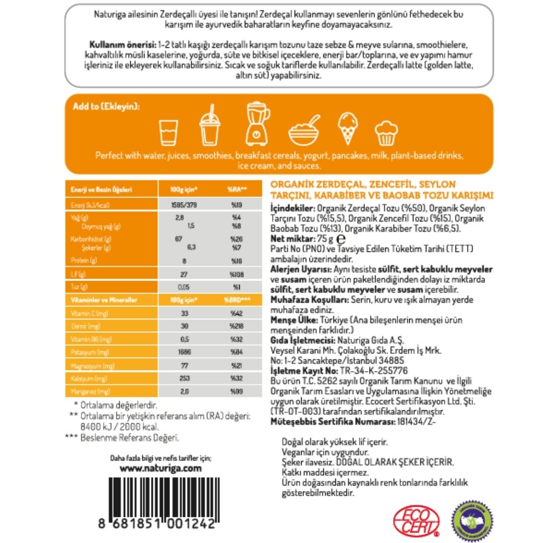 Organik Zerdeçallı Karışım (Altın Süt Karışımı)