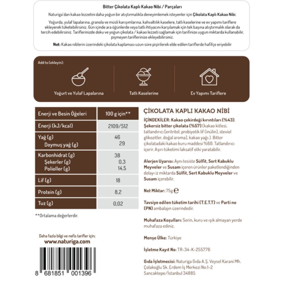 Bitter Çikolata Kaplı Kakao Parçaları(Nibs) 140gr – Naturiga