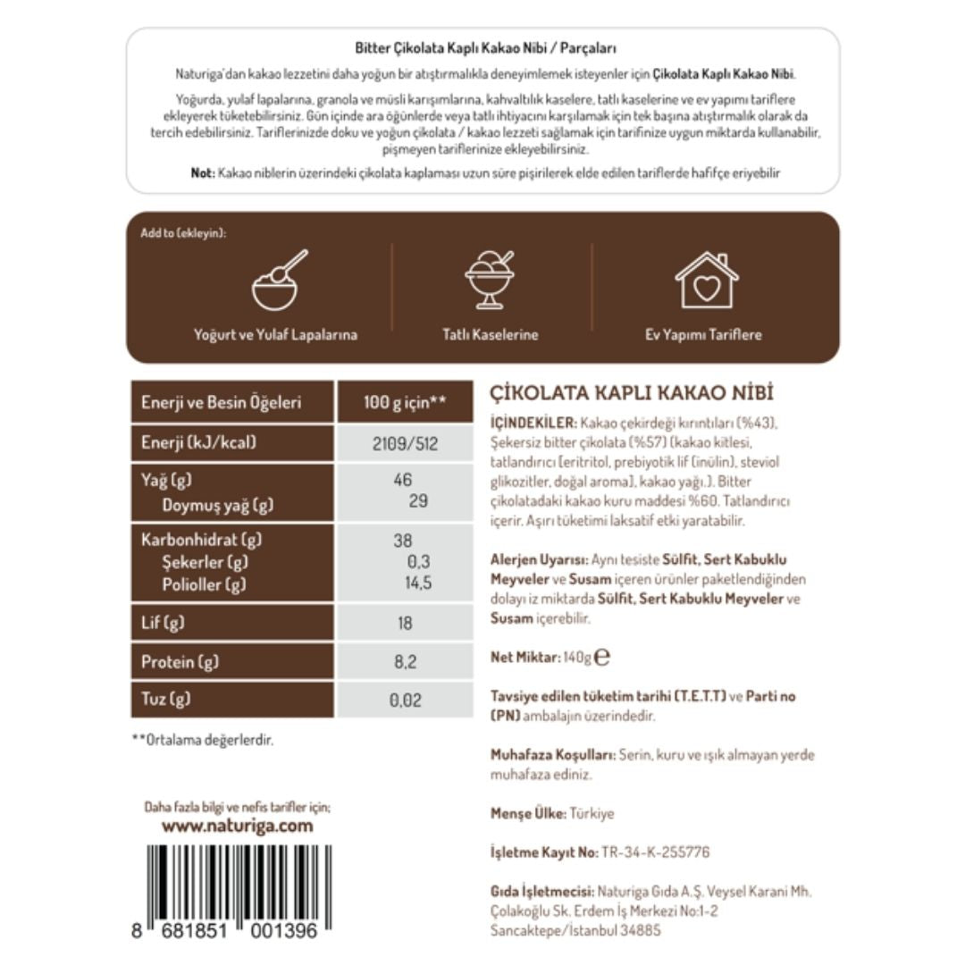 Bitter Çikolata Kaplı Kakao Parçaları(Nibs) 140gr