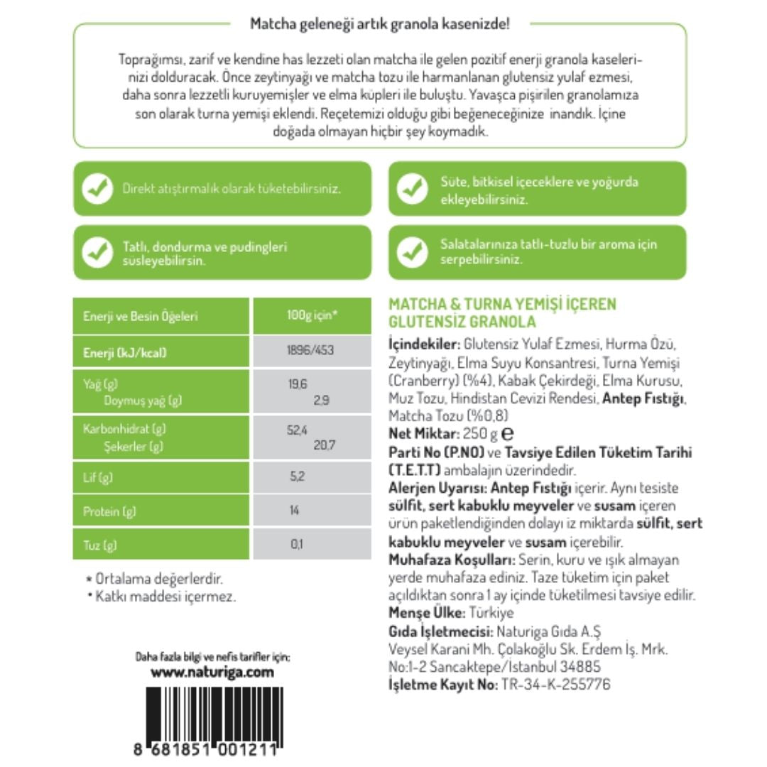 Glutensiz Matcha & Cranberry  Granola(250 gr)
