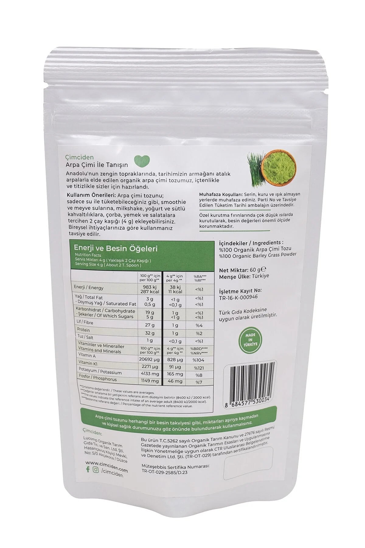 Organik Arpa Çimi Tozu 60 gr.